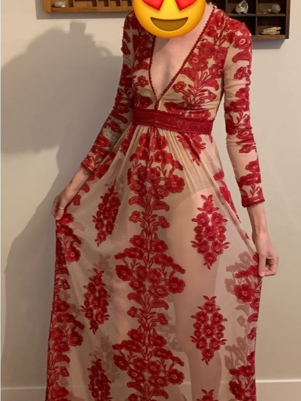 For Love & Lemons Red Floral Appliqué Long Sleeve Maxi Dress